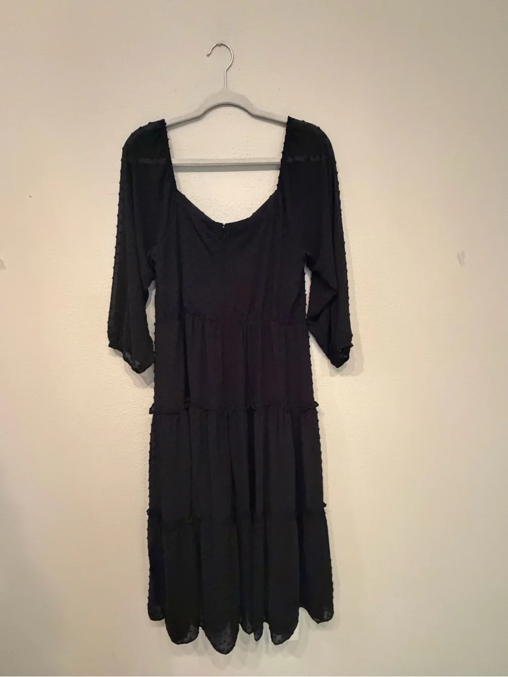 J Crew Bohemian Black Tiered Midi Dress with Puff Sleeves